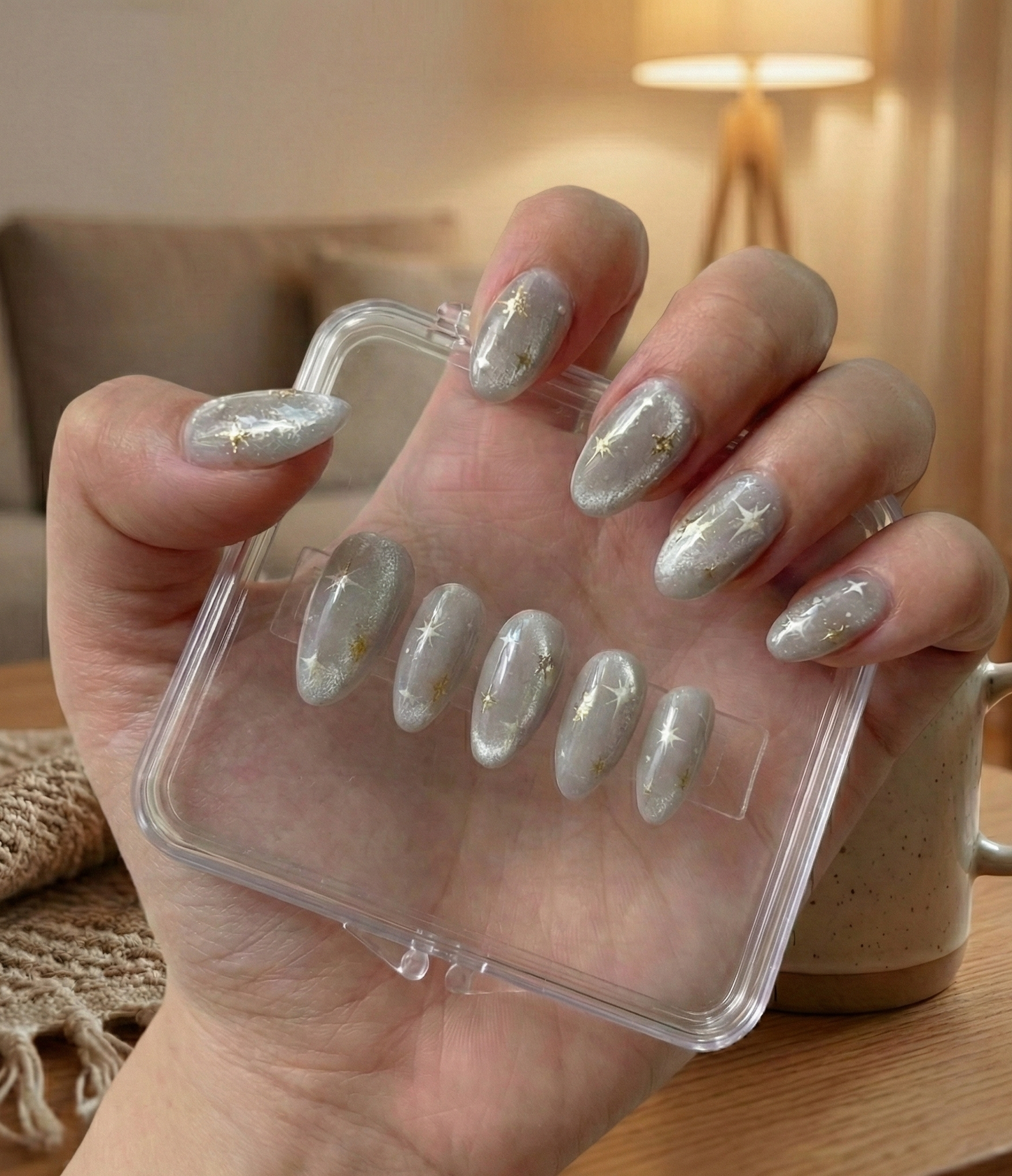 Silver Cat Eye Star Press On Nails - White Gold Celestial Art - Velvet Magnetic Shimmer - Dreamy Sparkle - Custom Size Set - PN251193