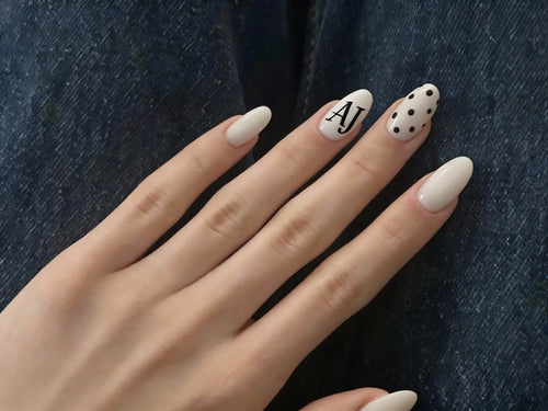 Custom Initial Nails, Personalized Monogram, Nude Almond Shape, Polka Dot Art, Minimalist Style, Wedding Guest, Cute Press On, Custom - PN251263