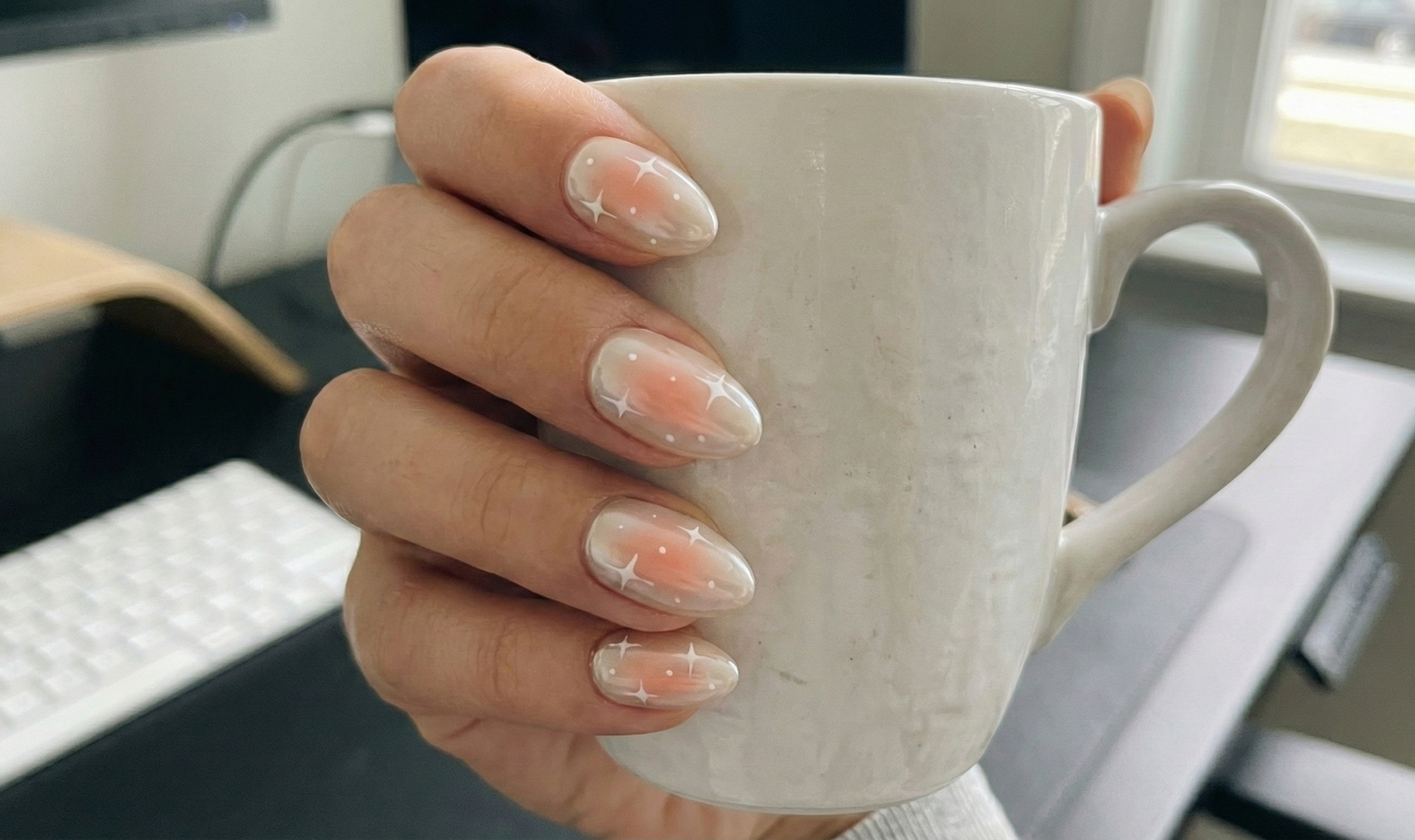 Pink Blush Aura Press On Nails - White Pearl Chrome Star - Korean Cheek Art - Coquette Soft Girl  - Custom Size Set - PN251201