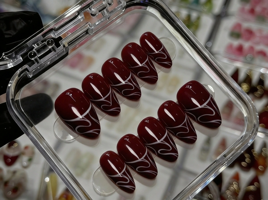 Dark Wine Red Abstract Press On Nails - White Swirl Line Art - Romantic Date Night - Dark Feminine Valentine's Gel - Custom Size Set - PN251252