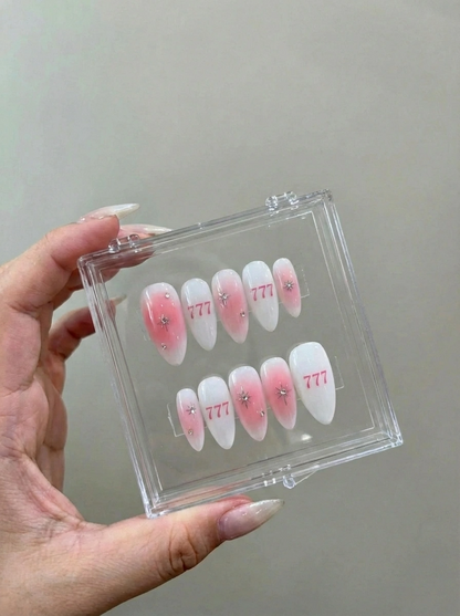 Angel Number 777 Nails, Pink Aura Ombre, Lucky Girl Syndrome, Y2K Star Gem, Almond Shape, Spiritual Gift, Manifestation, Custom Press On - PN251264