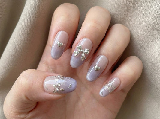 Purple Ombre Cat Eye Nails, Silver Chrome Floral Press on Nails, Coquette Bow Nails, Lavender Velvet Nails, 3D Heart Nails, Y2K Fake Nails - PN251281