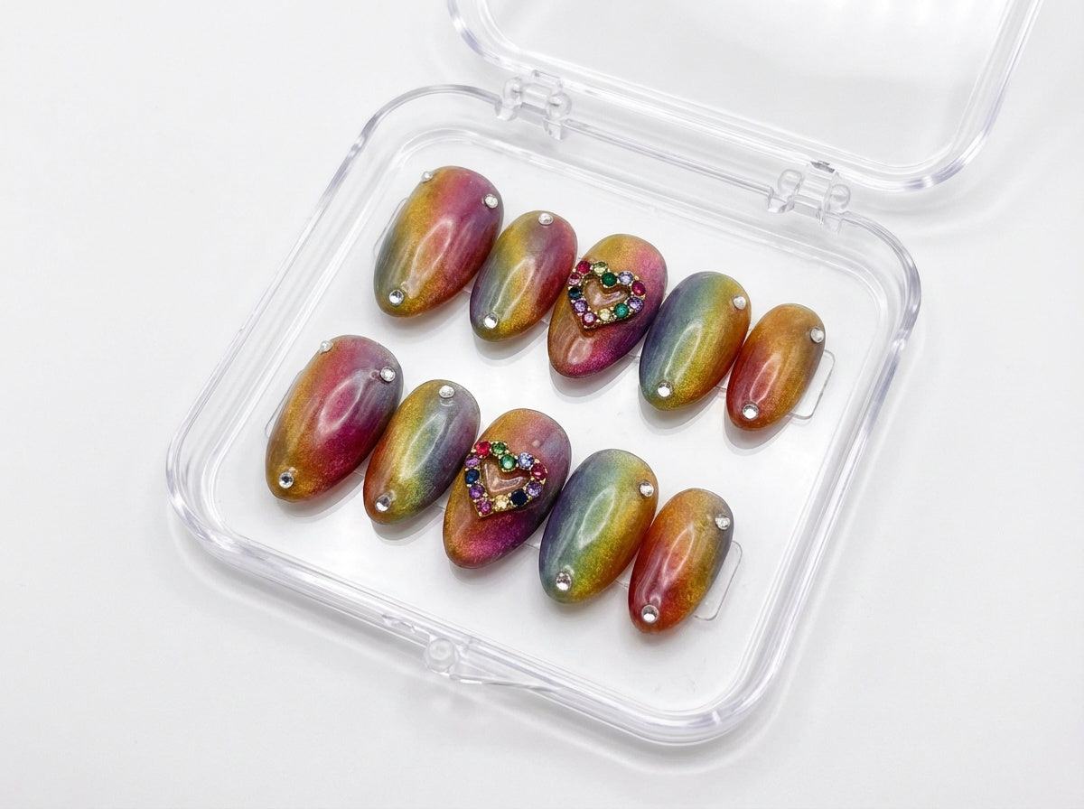 Rainbow Aura Press On Nails, Colorful Jewel Heart Fake Nails, Multi Chrome Gradient Nails, Luxury Reusable Gel Nails, Pinneacle Beauty - PN251290