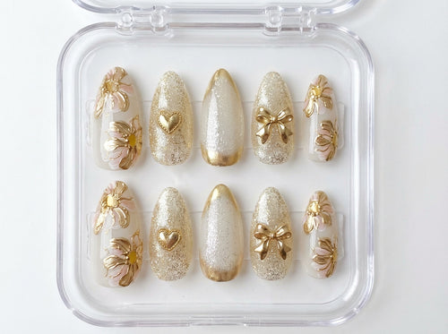 3D Gold Flower Press On Nails, Elegant White and Gold Nails, Luxury 3D Bow Fake Nails, Gold Heart Charms Manicure, Coquette Aesthetic Nails - PN251286