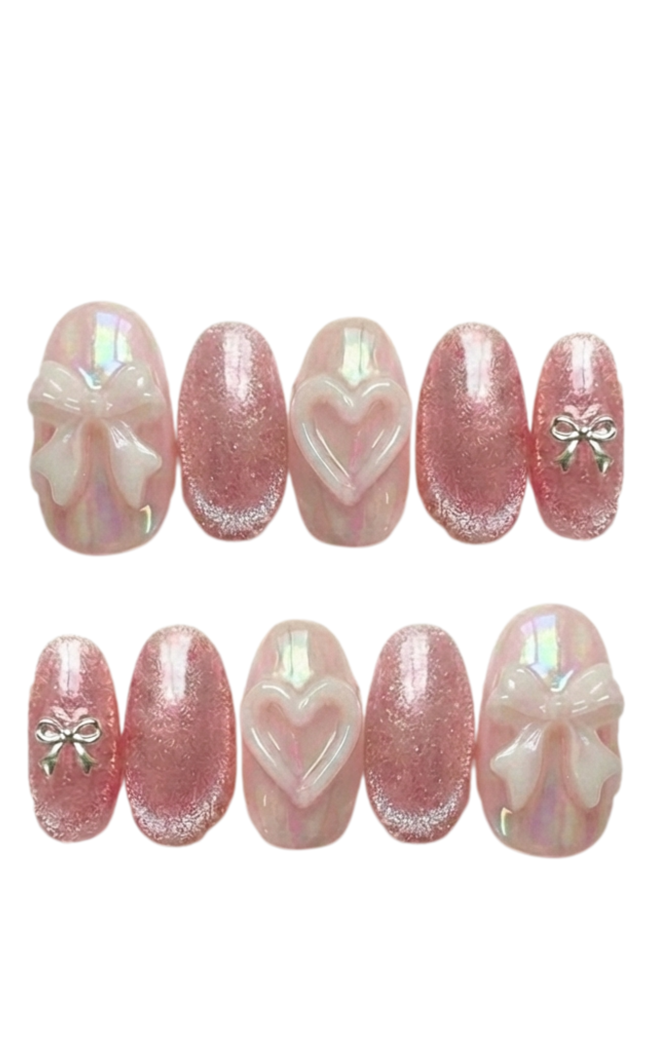 Pink Cat Eye Press on Nails, Coquette Bow Nails, Aurora Heart Press ons, 3D Bow Glue on Nails, Velvet Pink Nails, Romantic Aesthetic Nails - PN251280