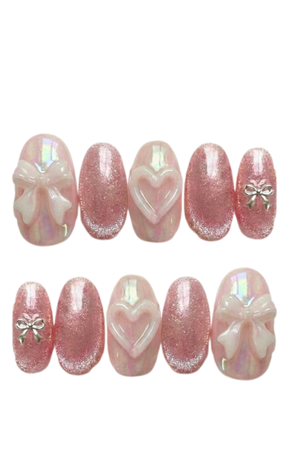 Pink Cat Eye Press on Nails, Coquette Bow Nails, Aurora Heart Press ons, 3D Bow Glue on Nails, Velvet Pink Nails, Romantic Aesthetic Nails - PN251280