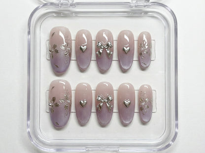 Purple Ombre Cat Eye Nails, Silver Chrome Floral Press on Nails, Coquette Bow Nails, Lavender Velvet Nails, 3D Heart Nails, Y2K Fake Nails - PN251281