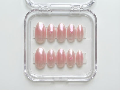 Pink Chrome Heart Press On Nails, Aurora Iridescent Almond Nails, Glazed Donut Fake Nails, Luxury Reusable Gel Nails, Coquette Style Nails - PN251287