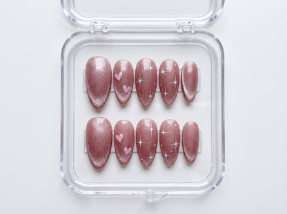 Mauve Cat Eye Press On Nails, Silver Velvet Star Nails, Pink Heart Accent Nails, Celestial Reusable Fake Nails, Luxury Glitter Almond Nails - PN251288