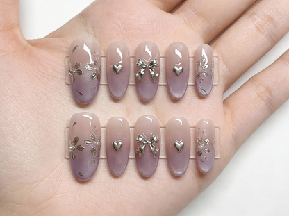 Purple Ombre Cat Eye Nails, Silver Chrome Floral Press on Nails, Coquette Bow Nails, Lavender Velvet Nails, 3D Heart Nails, Y2K Fake Nails - PN251281