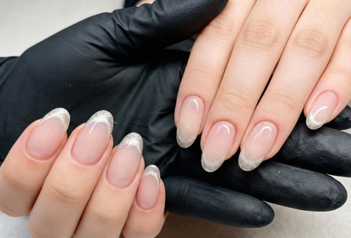 Silver Glitter French Tip Press On Nails, Elegant Nails, Y2K Sparkle Nails, Minimalist Neutral Manicure, Gift for Her, Custom Size Set - PN251285