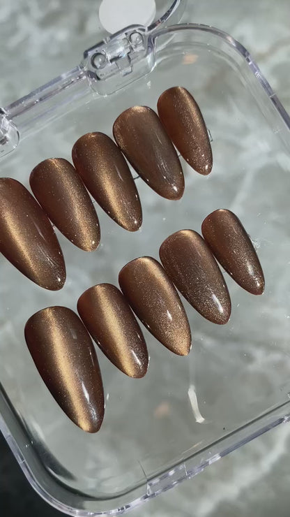 Bronze Gold Cat Eye Press On Nails - Handmade Gel Nails - Coffin Shape Metallic - Party Nigt Out Nails - Custom Size Set - NM233034