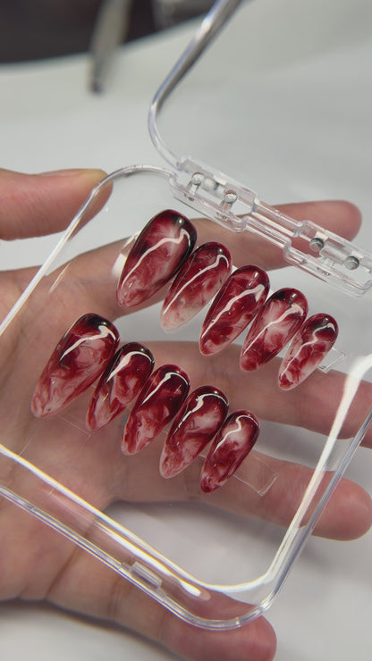 Burgundy Marble Press On Nails, Dark Red Smoke False Nails, Luxury Gel Nails, Moody Ethereal Pressons, Handmade Nail Art, Gift For Her - MSP2608066