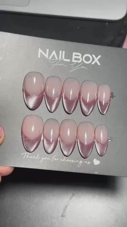 Rose Pink Velvet Cat Eye Press On Nails, Metallic Metallic French Tip, Shimmer Pink Custom Manicure, Mauve Glam Soft Gel Reusable Nail, Gift - PN251339