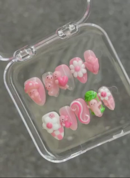 Cute Smiski Character Press on Nails, 3D Pink Mushroom Flower Swing Set, Kawaii Jelly Gel Reusable Custom Size Coffin Nails, Gift For Her - CT260904