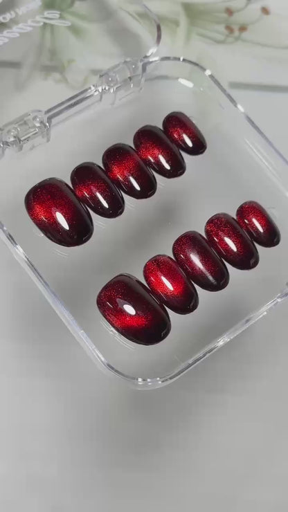 Burgundy Red Cat Eye Press on Nails, Dark Wine Velvet Nails, Luxury Old Money Reusable Nails, Rich Wife Aesthetic Glue on Nails, Custom Size - NM233026