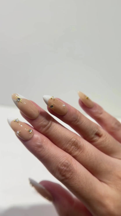 Nude French Tip Press On Nails with Gold Charms - Crystal Wedding - Handmade Nails - Pearl & Stud Accent Set - Brial Wedding Press On - Custom Size Set - NM233008