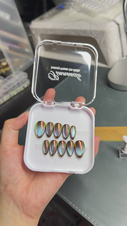 Chameleon Chrome Nails, Color Shift Press On, Dark Galaxy Nails,Teal Magenta Shimmer Almond Set, Multi Dimensional Luxury Nail, Gift For Her - PN251334