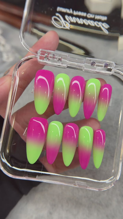 Neon Pink and Green Ombre Press On Nails, Summer Nails, Vibrant Gradient Gel Nails, Reusable Trendy Pressons, Colorful Nails, Gift For Her - PN251353
