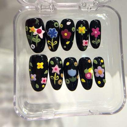 Black Floral Press On Nails - Hand-Painted 3D Flower Nails - Colourful Cartoon Spring Nails - Korean Style Nails - Custom Size Set - NM233022