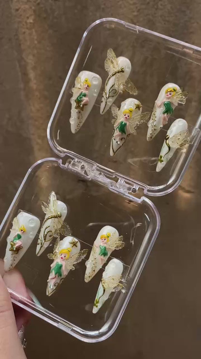 Tinkerbell Fairy Press on Nails, 3D Dragonfly Glazed Opal Wedding Set, Gold Pixie Dust Fantasy Reusable Soft Gel False Nails, Gift For Her - CT260902