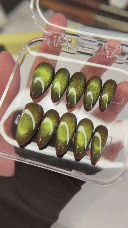 Brown Green Cat Eye Nails, Glowing Aura Press On, Medium Almond, Earthy Mystical Manicure, Reuseable Custom Size Nail Set, Gift For Her - PN251343