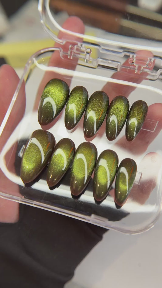 Brown Green Cat Eye Nails, Glowing Aura Press On, Medium Almond, Earthy Mystical Manicure, Reuseable Custom Size Nail Set, Gift For Her - PN251343