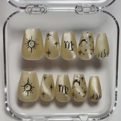 Virgo Zodiac Nails, Champagne Gold Cat Eye Press On, Celestial Nails, Medium Almond, Astrology Manicure, Magic Nails, Pinneacle, Custom Gift - PN251331