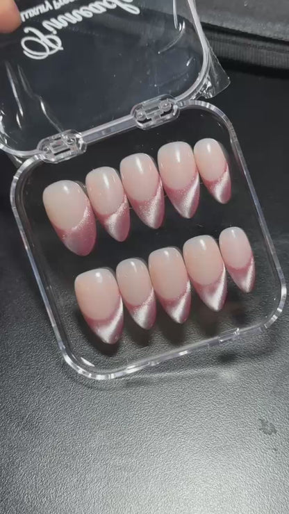 Rose Pink Velvet Cat Eye Press On Nails, Metallic Metallic French Tip, Shimmer Pink Custom Manicure, Mauve Glam Soft Gel Reusable Nail, Gift - PN251339