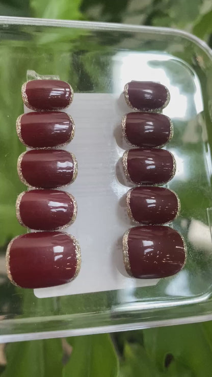 Red Burgundy with Gold Rim Press On Nails - Deep Red Gel Nails - Luxury Old Money Look - Custom Size Set - PN251110