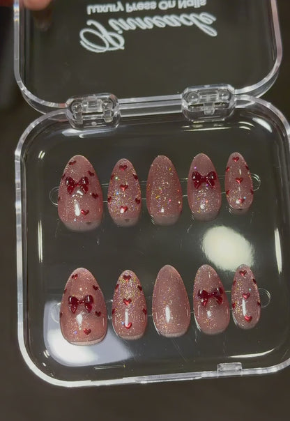 Rose Gold Cat Eye Press On Nails, 3D Red Bow, Tiny Heart Art, Pink Velvet Coquette, Handmade Reusable False Manicure, Soft Gel, Pinneacle - PN251194