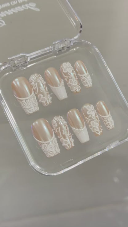 Rich Wife Nail, Custom Monogram Bridal Press on Nails, 3D Floral Lace Wedding Nails, Pearl White Glazed French Luxury Reusable Nails - BR260501