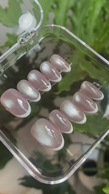 Pink Cat Eye French Tip Press On Nails - Shimmer Pink Gel Nails - Clean Girl Handmade Reusable Nail Set - Custom Size Set - NM233029