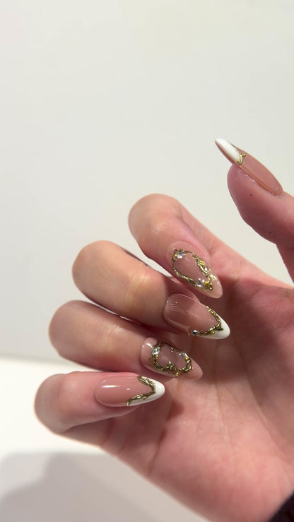Nude Pink 3D Gold Frame Press On Nails - Crystals Engagement Nails - Brial Wedding Press On Nails - Custom Size Set - NM233009