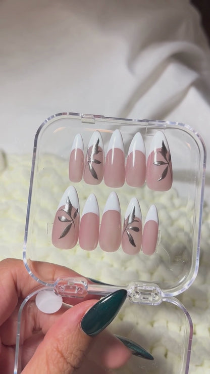 White French Tip Press-On Nails with Metallic Leaf Design - Valentines Nails - Wedding & Engagement Nails  -  Custom Size Set - PN251137