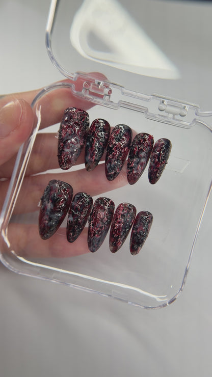 Gothic Grunge Press On Nails, Dark Red Black Textured False Nails, Vampire Nails, Edgy Alternative Pressons, Handmade Nail Art, Gift For Her - MSP2608065