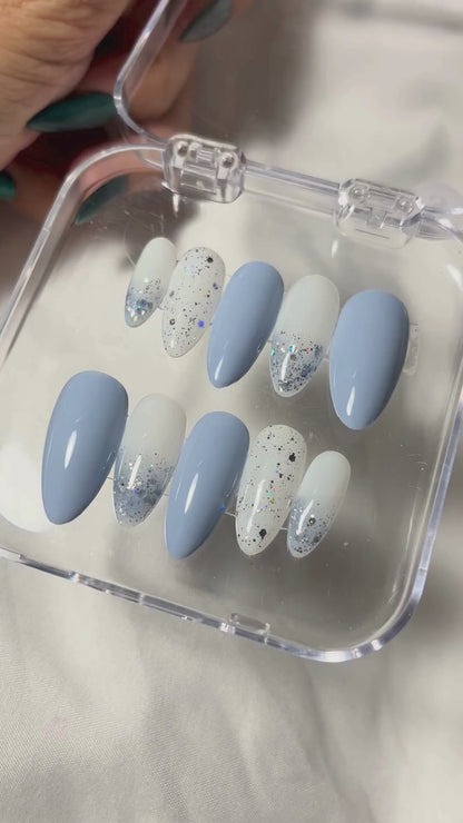 Baby Blue Press-On Nails with Glitter Accent - Soft Blue Milky White - Clean Girl Aesthetic - Custom Size Set - PN251131