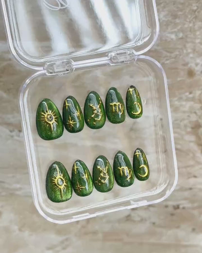 Virgo Zodiac Nails, Green Cat Eye Astrology Press On Nails, Emerald Gold Nails, Gold Constellation Celestial Set, Personalized Birthday Gift - PN251333