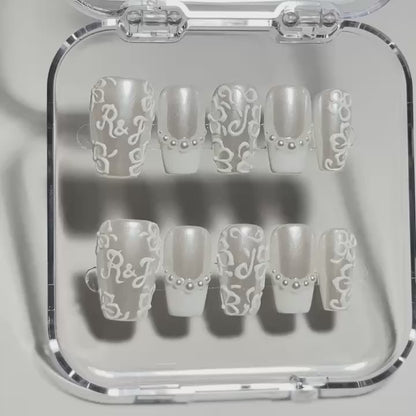 Rich Wife Nails Wedding Date Press on Nails, Monogram Bridal Shower Nails, Pearl Glazed White Lace 3D Floral Luxury Reusable Handmade Set - BR260502