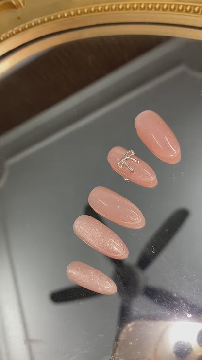 Pink Cat Eye Bow Press On Nails - Glitter Pink Almond Nails with Bow Charm - Handmade Reusable Nail Set - Custom Size Set - PN251108