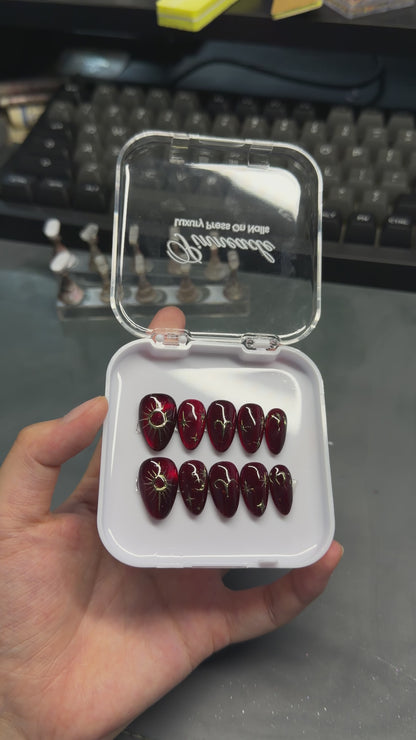 Aries Zodiac Nails Burgundy Cat Eye Press On, Red Gold Birthday Gift Theme Nails, Astrology Manicure, Fire Sign Nails, Handmade By Pinneacle - PN251327