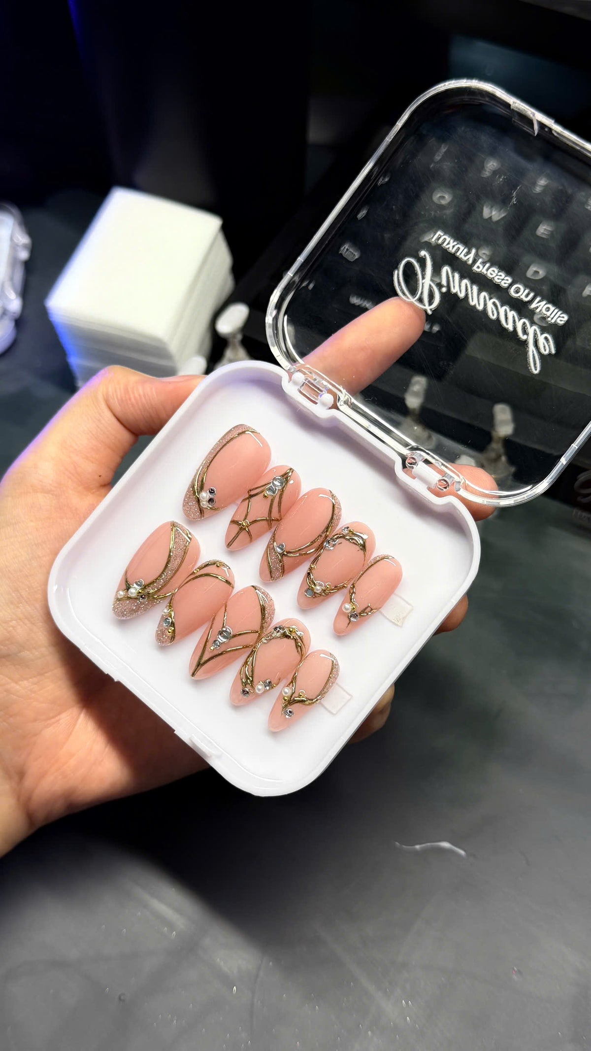 Pink Nude Nails, Gold Line Art Press On, Pearl Rhinestone Nails, Medium Almond, Bridal Manicure, Champagne Glam, Pinneacle, Custom Size Gift - PN251312