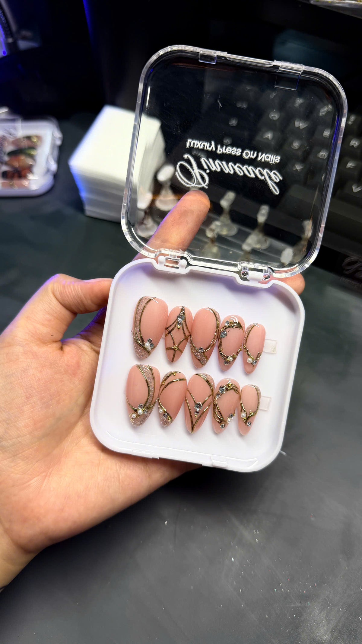 Pink Nude Nails, Gold Line Art Press On, Pearl Rhinestone Nails, Medium Almond, Bridal Manicure, Champagne Glam, Pinneacle, Custom Size Gift - PN251312
