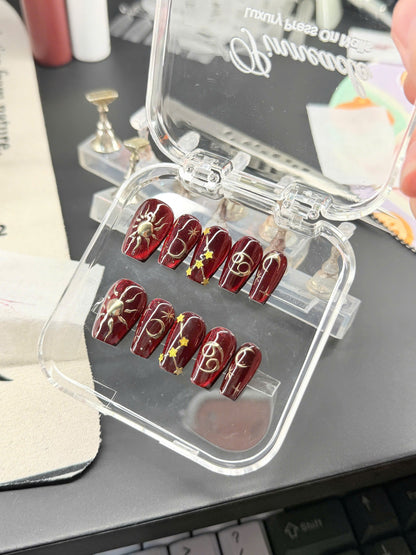 Cancer Zodiac Nails, Burgundy Cat Eye Press On, Gold Celestial Fake Nails, Medium Almond, Astrology Manicure, Constellation Nails, Pinneacle - PN251330