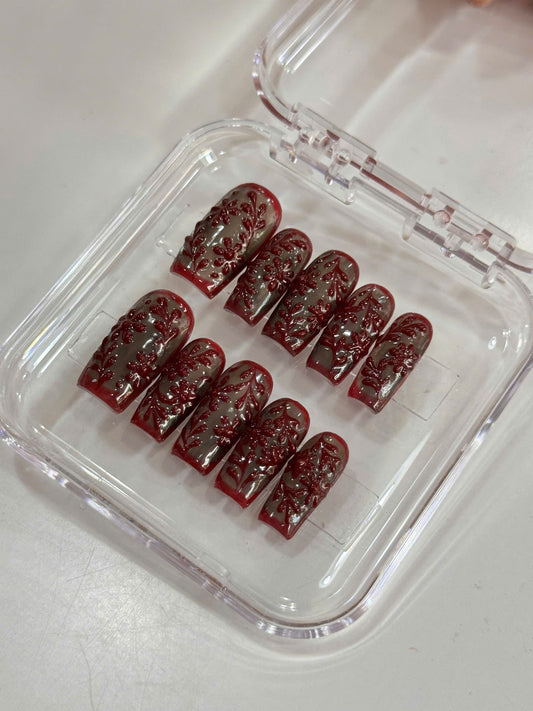 Wine Red 3D Flora - Smoky Black Jelly Base - Valentine Art - Gothic Vampire Aesthetic - Dark Feminine Textured Gel - Custom Size Set - PN251213