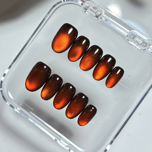 Orange Cat Eye Press On Nails - Burnt Orange Magnetic - Handmade Nails - Fall Luxury - Handmade Magnetic Nail Set - Custom Size Set - PN251129