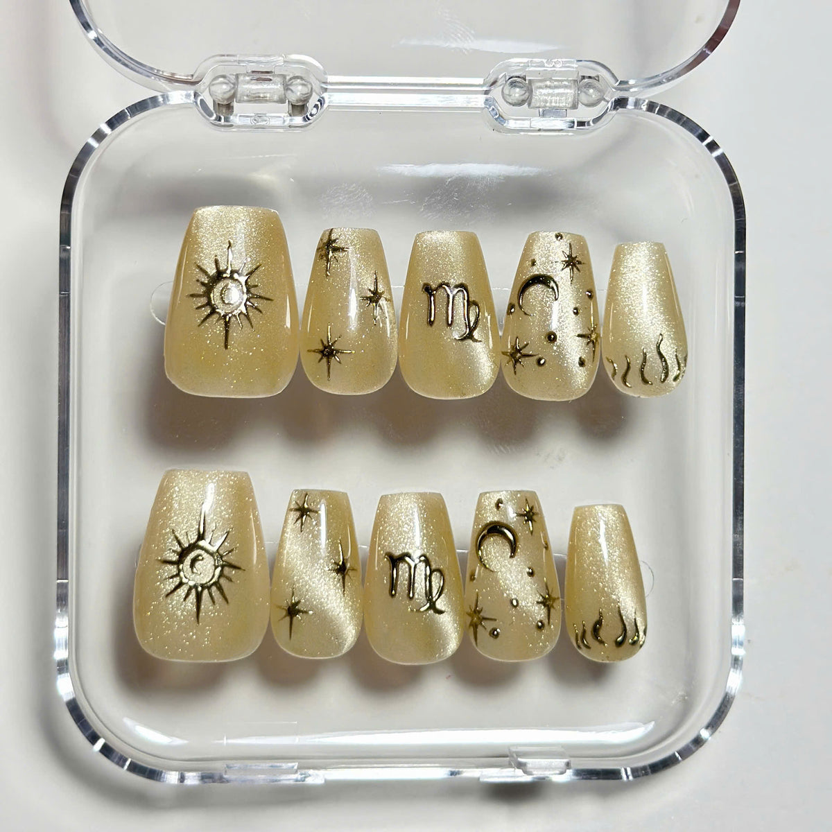 Virgo Zodiac Nails, Champagne Gold Cat Eye Press On, Celestial Nails, Medium Almond, Astrology Manicure, Magic Nails, Pinneacle, Custom Gift - PN251331