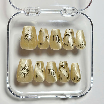 Virgo Zodiac Nails, Champagne Gold Cat Eye Press On, Celestial Nails, Medium Almond, Astrology Manicure, Magic Nails, Pinneacle, Custom Gift - PN251331