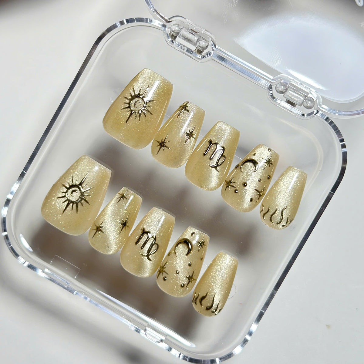 Virgo Zodiac Nails, Champagne Gold Cat Eye Press On, Celestial Nails, Medium Almond, Astrology Manicure, Magic Nails, Pinneacle, Custom Gift - PN251331