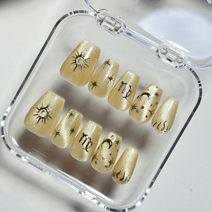 Virgo Zodiac Nails, Champagne Gold Cat Eye Press On, Celestial Nails, Medium Almond, Astrology Manicure, Magic Nails, Pinneacle, Custom Gift - PN251331